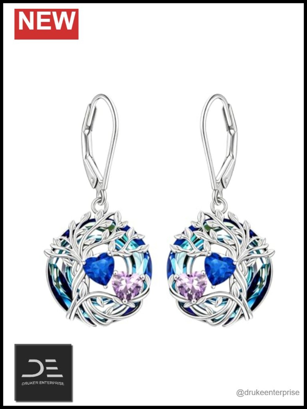 Sterling Silver Tree of Life Leverback Earrings with Birthstone Crystal